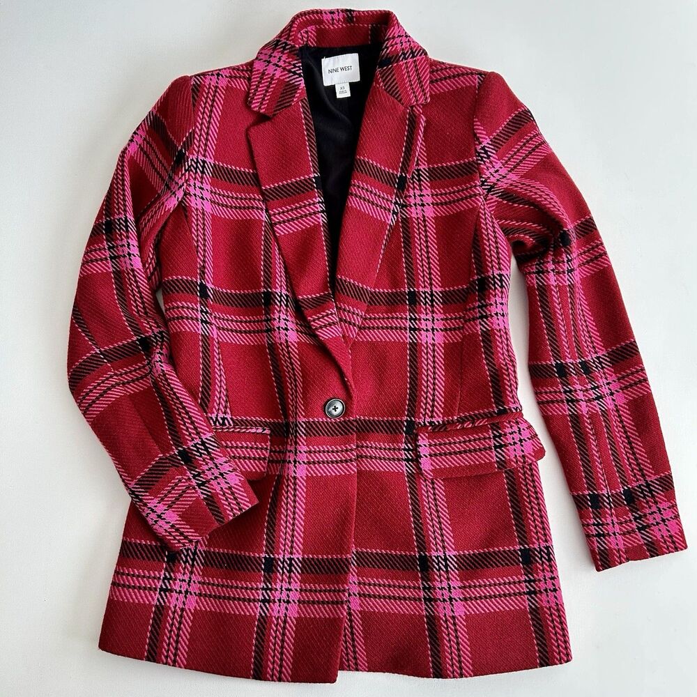 NINE WEST Red Pink Black Plaid Blazer Jacket Notch Collar Office Workwear XS